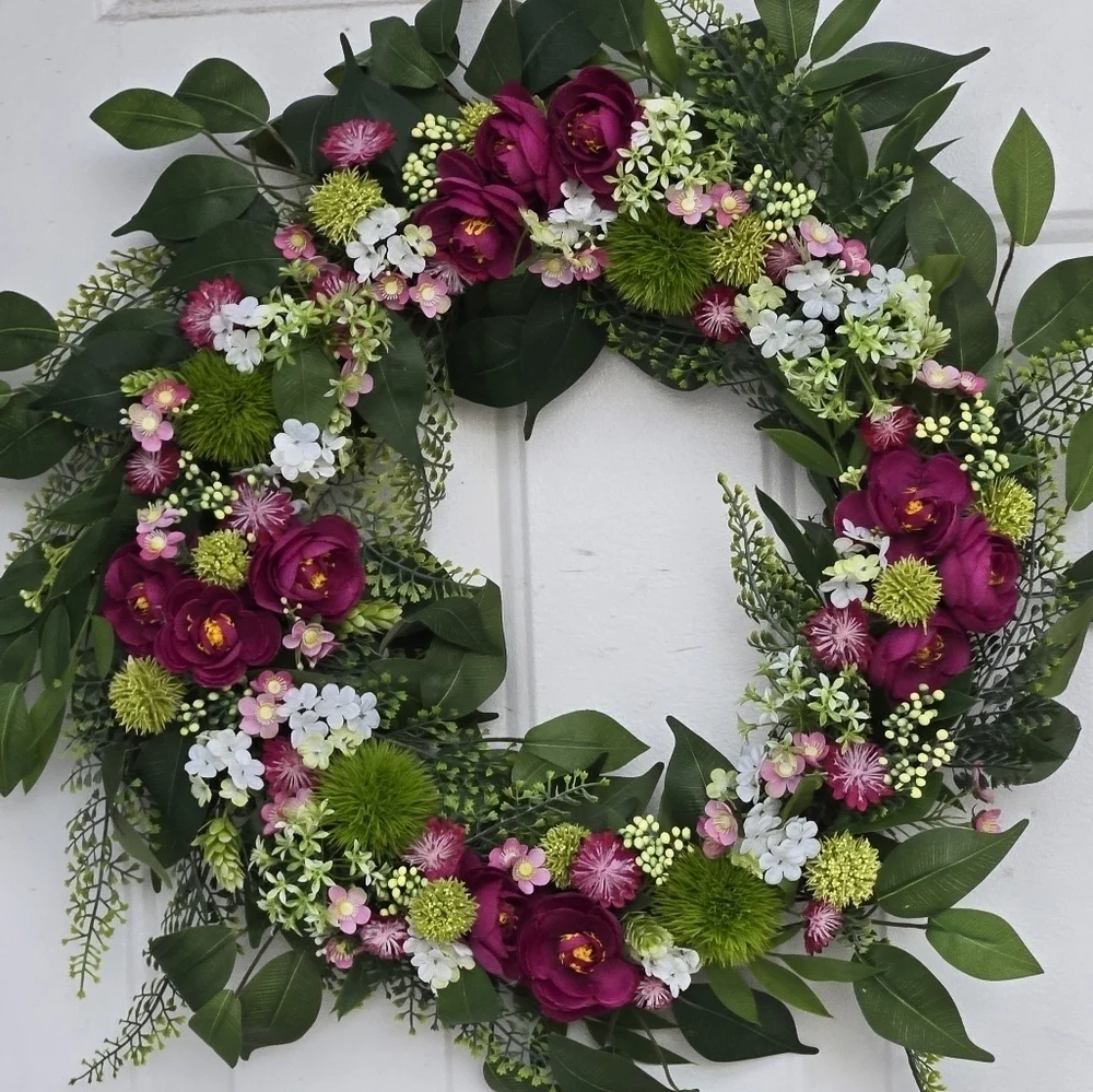 Handmade Elegant Pink and Green Floral Wreath